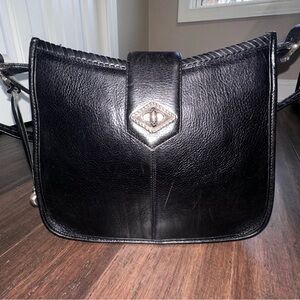 VINTAGE Brighton Turn Lock Black Leather Large Crossbody Braided Strap